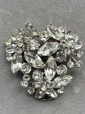 Signed Sherman Clear Rhinestone Floral Cluster Brooch Vintage